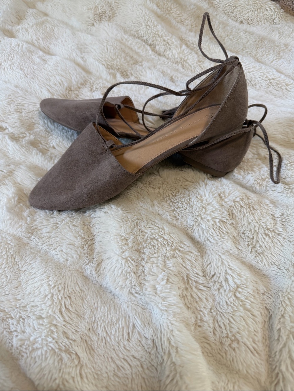 LC Lauren Conrad Taupe Pointed Lace-Up Flats